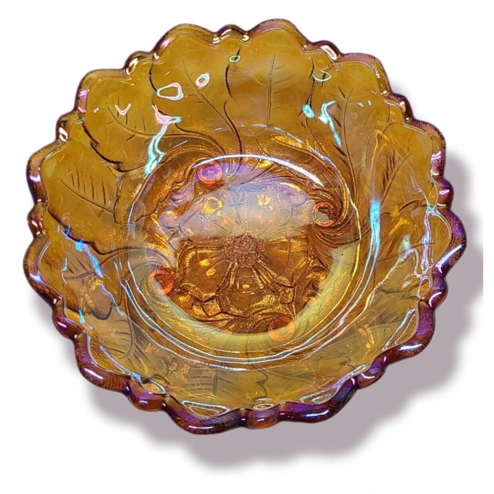 1940 Carnival Glass by Indiana Glass Co. Iridescent Amber Wild Rose Footed Bowl